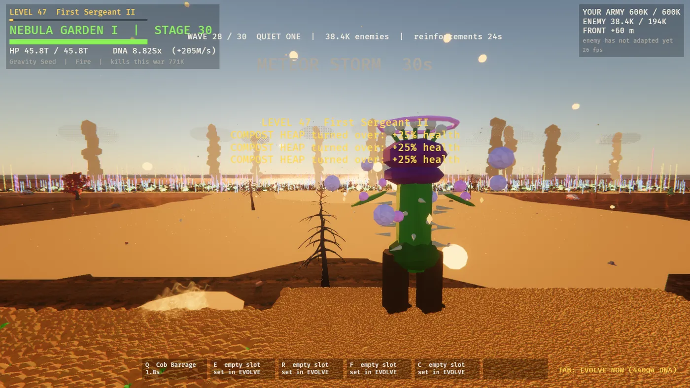LAWN WAR at the 600,000-unit cap, about 26 fps