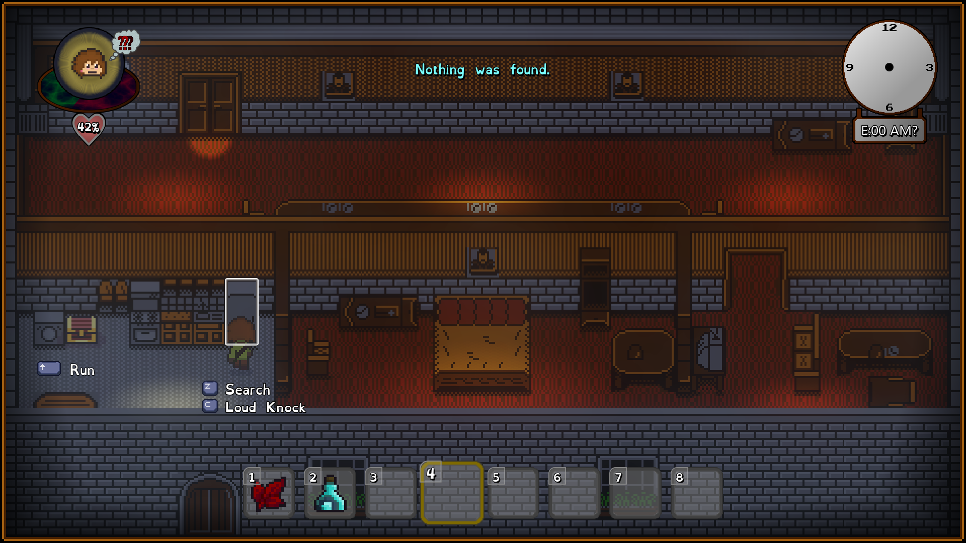 Top-down manor interior: rooms, light, and investigateables