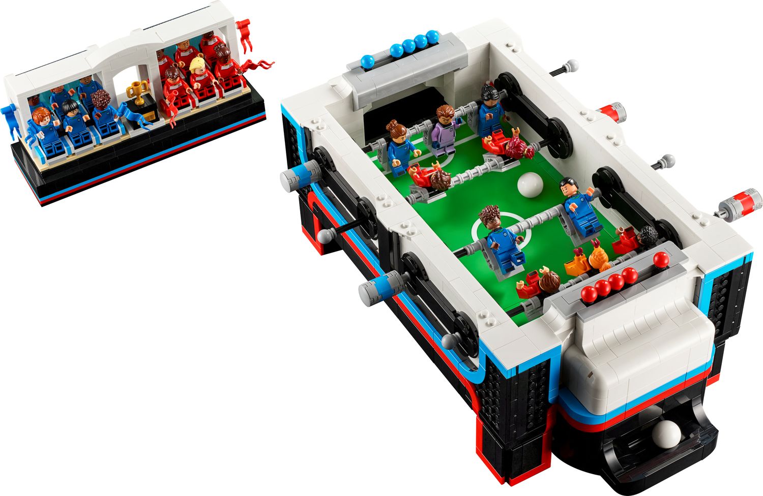 LEGO 21337官方俯视斜角图：每队两根控制杆，十个人仔位于球场内。