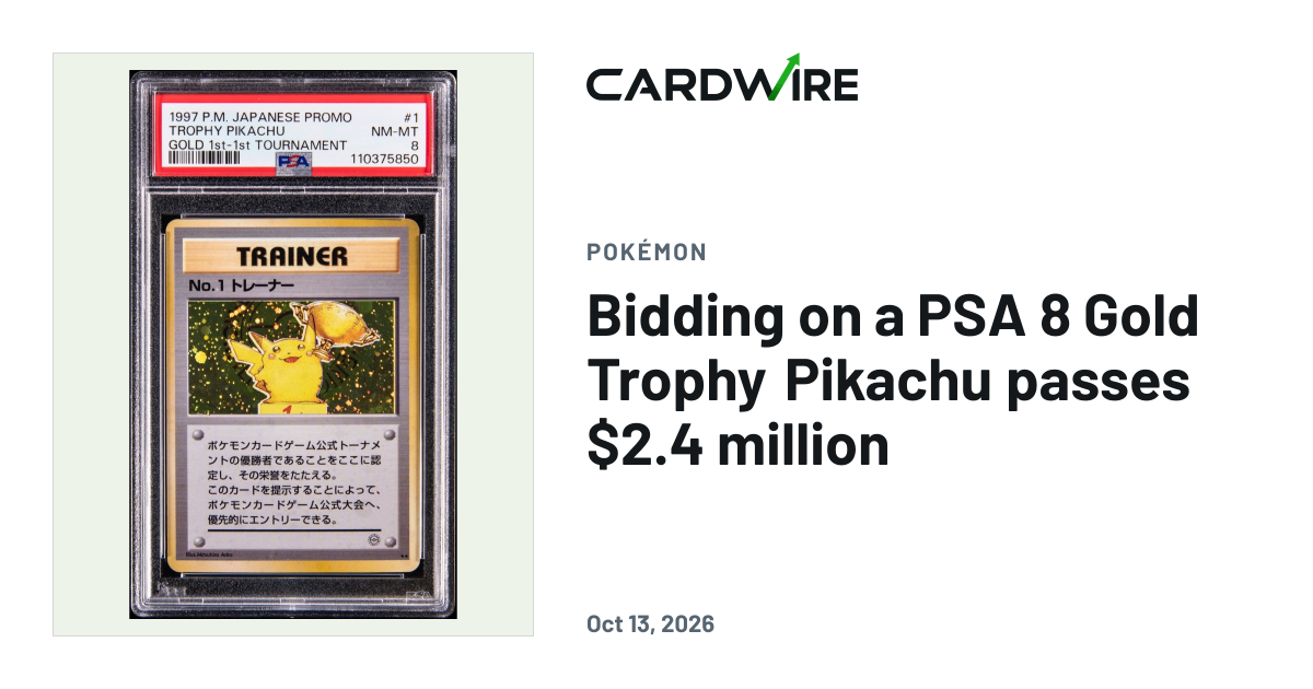 CardWire graphic: 1997 Gold Trophy Pikachu PSA 8 bidding past $2.4 million (card image from Goldin)