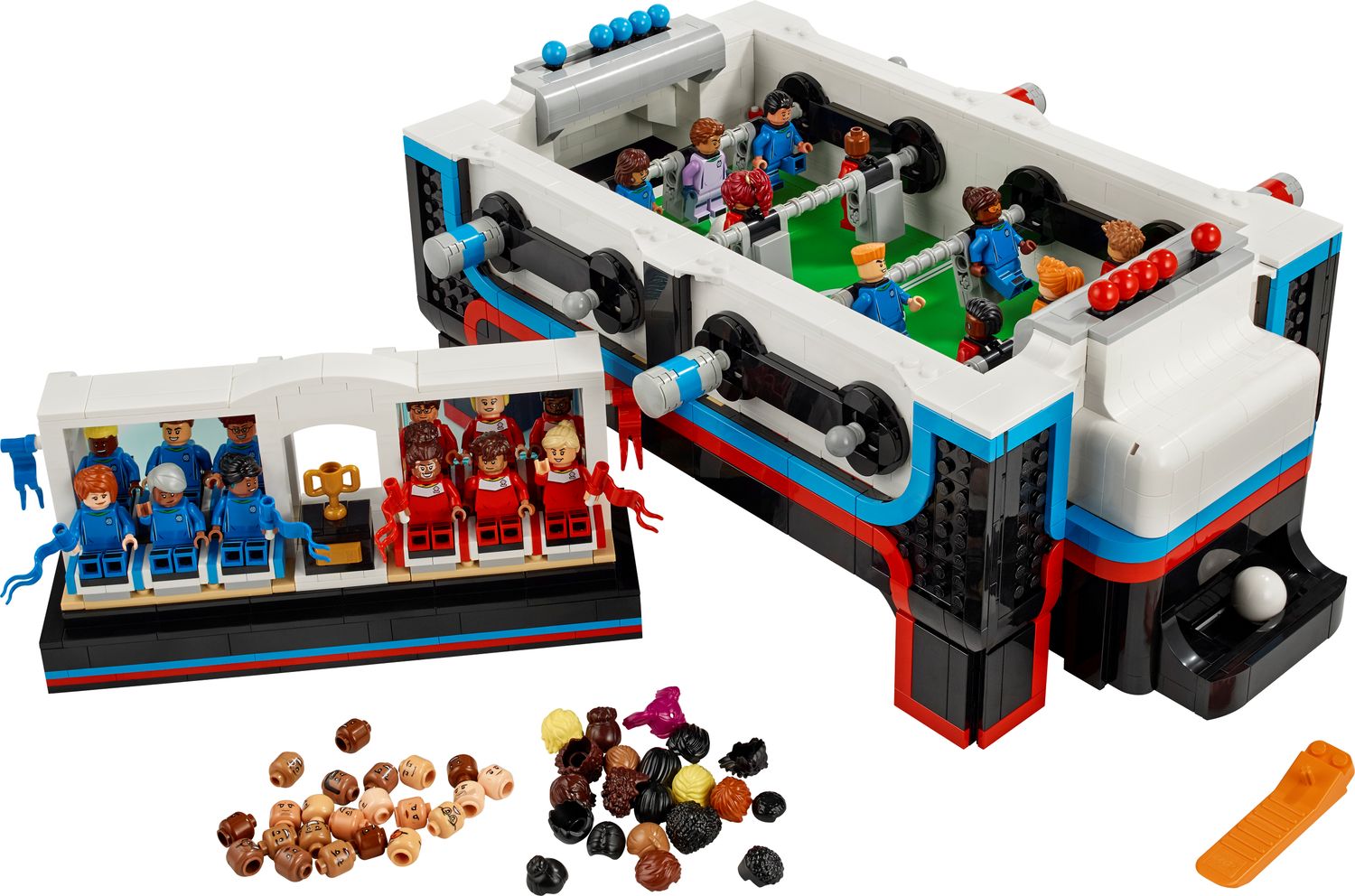 LEGO 21337官方产品图：球桌、独立看台与可替换人仔零件。